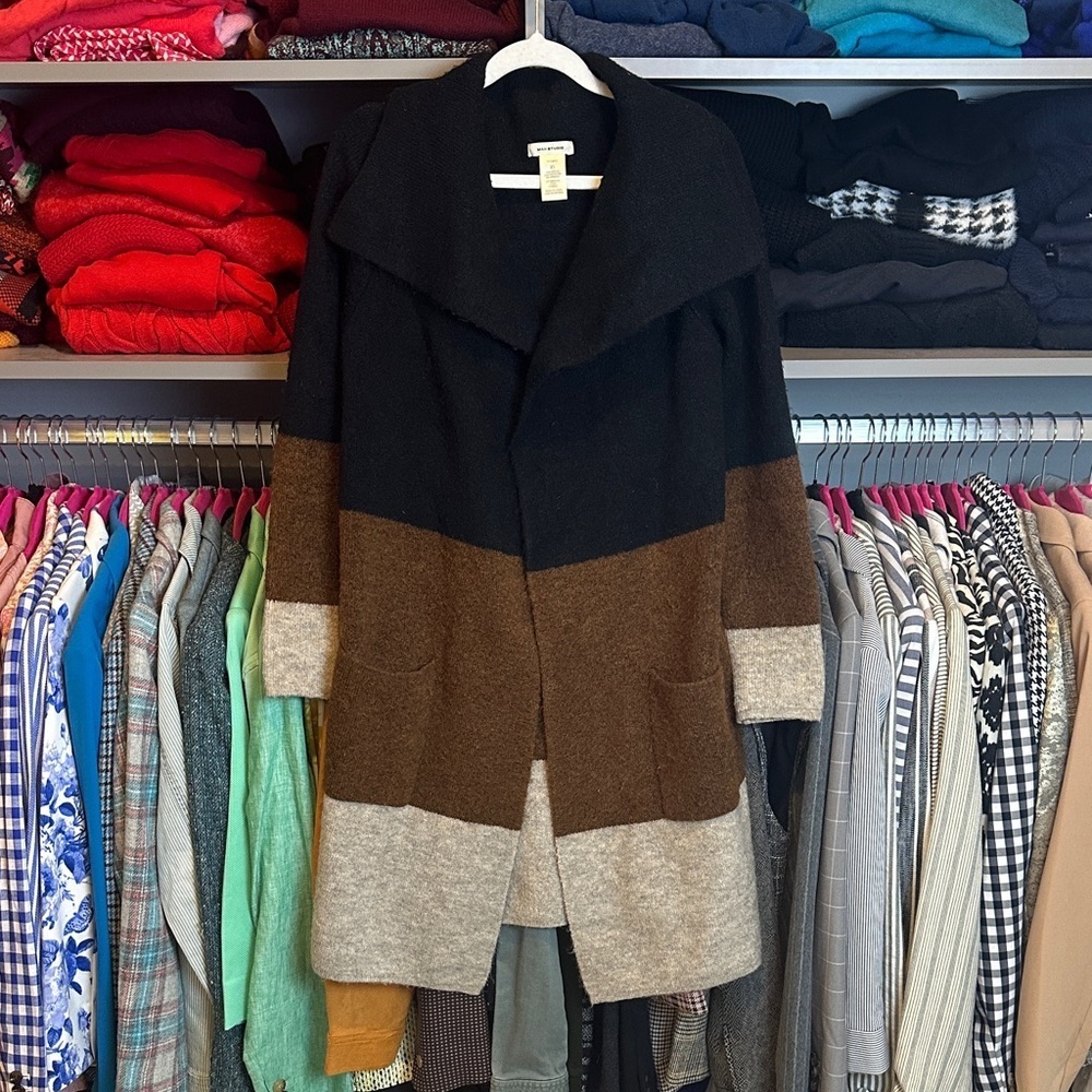 Max Studio black/brown/tan long sleeve open front 2 pocket cardigan size XS